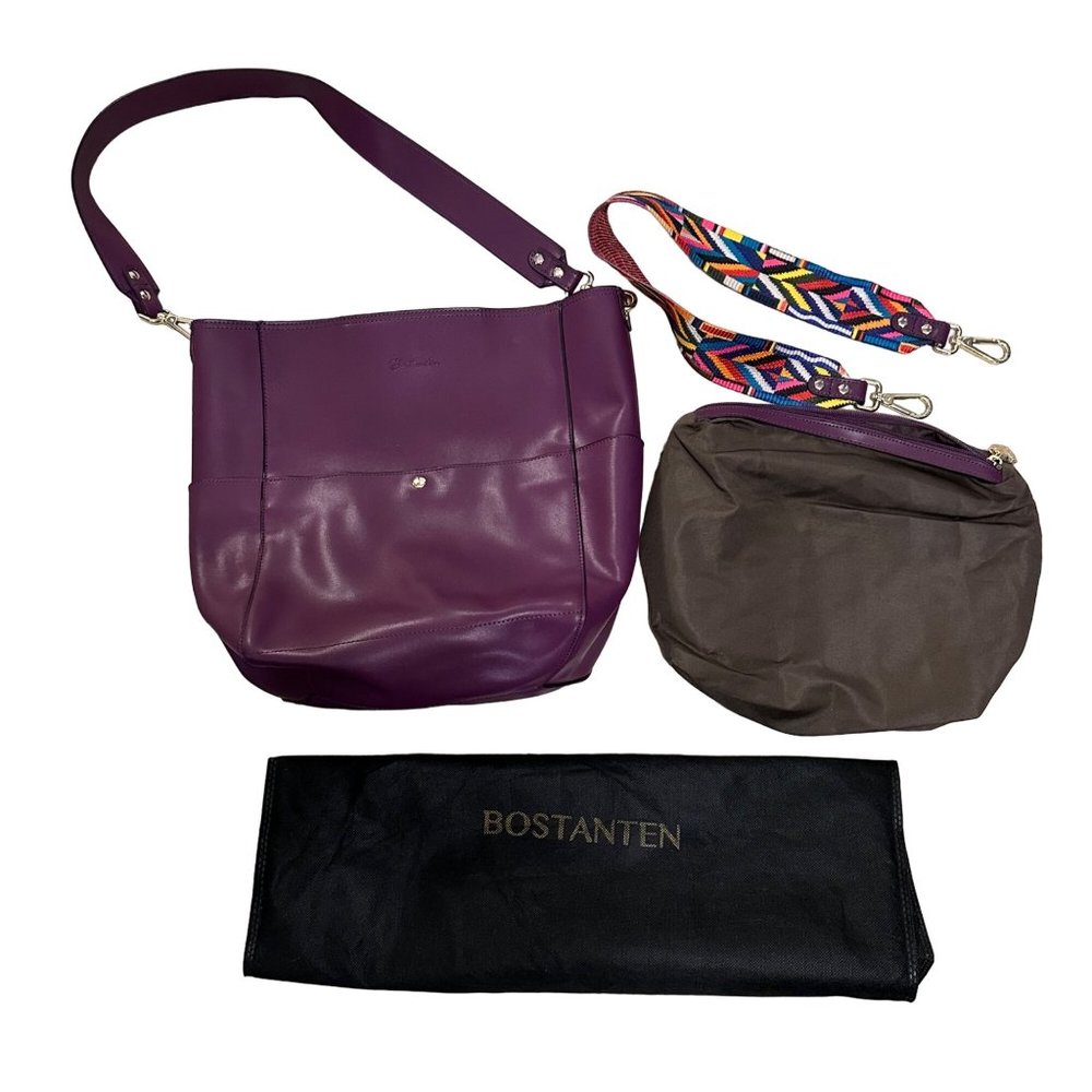 Bostanten purple plum leather 11” drop 15x14x5” Purse extra strap makeup bag - Picture 1 of 12